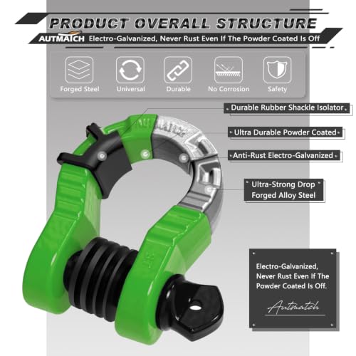 AUTMATCH D Ring Shackles 3/4" Mega Shackle (2 Pack) 68,000Ibs Break Strength - Heavy Duty Clevis Shackles with 7/8" Screw Pin and Isolator Washer for Tow Strap Winch Off Road Vehicle Recovery, Green - color: Green & Black