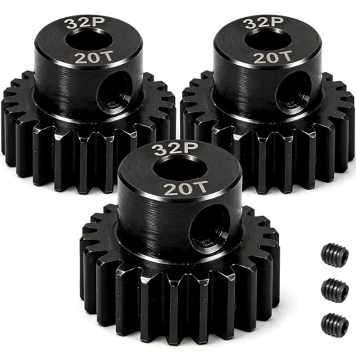 32P 20T RC Car Gear Set | 45# Steel Black Oxide | 5mm Bore +0.03mm | Precision Engineered Motor Pinion Gear Compatible with Traxxas/ARRMA/HPI/Kyosho (3-Pack with M4 Set Screws) - style: 3Pcs 20T