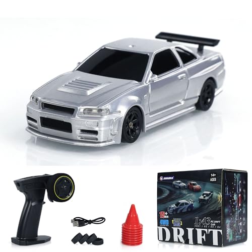 1/43 RC Full Scale Ready to Run Race Vehicle Remote Control Drift Car 4WD Mini Lights System High Speed Four Wheel Drive Full Proportional RC Electric Racing Car Model(Silver), - color: Silver