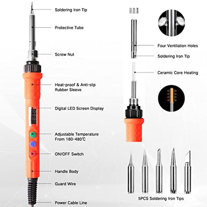 Electronic Soldering Iron Kit, 120W Digital Soldering Gun Tools | Portable Easy-play Solder Kit with 5pcs Extra Tips, 50g Solder Wire, Heavy Duty Holder, Cleaning Sponge, Solder Paste - color: Digital 120w 10-in-1