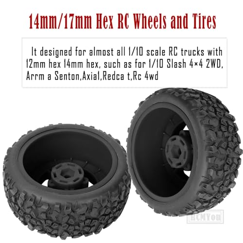 Rc Truck Tires 12mm/14mm/17mm Hex RC Wheels Tires for 1/10 Slash 4×4 2WD,Arrm a Senton,Axia1 Redca t Rc 4wd,w/RC Wheels Hex Detachable Replace Running on Off-Road Tire,Black - color: Black