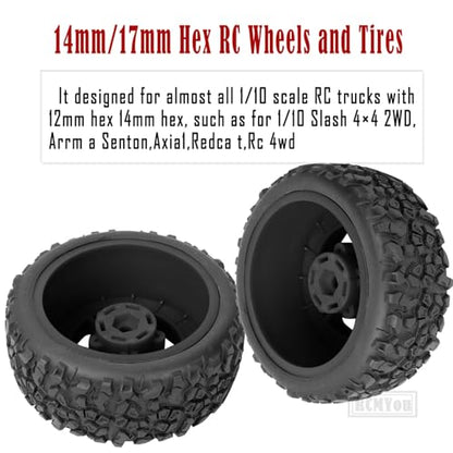 Rc Truck Tires 12mm/14mm/17mm Hex RC Wheels Tires for 1/10 Slash 4×4 2WD,Arrm a Senton,Axia1 Redca t Rc 4wd,w/RC Wheels Hex Detachable Replace Running on Off-Road Tire,Black - color: Black
