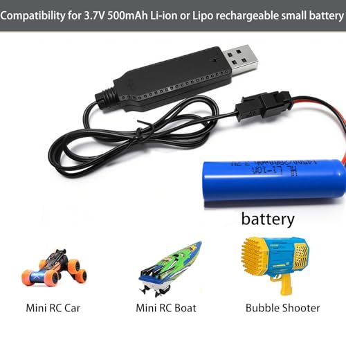 3.7V Battery Charger Cable with SM-2P Plug USB Li-ion Battery Charger for Bunch O Bubbles, Bubble Bazooka Machine Gun, Mini RC Amphibious Stunt Car Boat Trucks 3.7 Volt Li-ion and Li-Po Battery,2Pcs