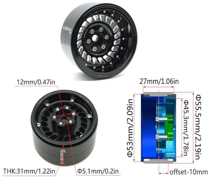 Super Heavy Rc 1.9 Beadlock Wheels Offsets -10mm Rims for 1/10 RC Crawler (Black) XX - color: Black
