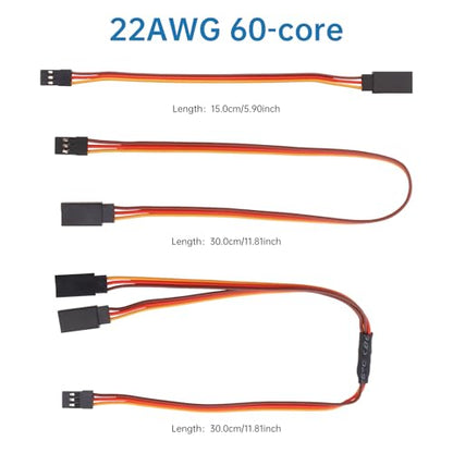 15 pcs 22AWG 3-Pin 60 Core Servo Extension Cable and 1 JR Male to 2 Female Y Harness for RC Cars Trucks Airplanes Servo Receiver Connection, 15 cm and 30 cm Servo Cable Set, 3 Styles