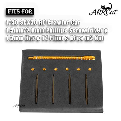 RC Screw Driver Set Tool Kit for 1/30 SCX30,1.5mm/2.0mm Phillips Screwdriver & 1.3mm Hex & T4 Plum & 6Pcs m2 Nut RC Car Repair Screwdrivers Set,for 1/30 SCX30 RC Crawler Truck Buggy,Gold - color: Gold - (Screw Driver Set)