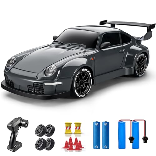 RC Drift Car, 1:24 Remote Control Car for Kids, 20KM/H 4WD High Speed RC Cars with LED Lights, Two Batteries, Extra Drifting Tires, Vehicle for Adults Boys Girls - color: Dark Gray