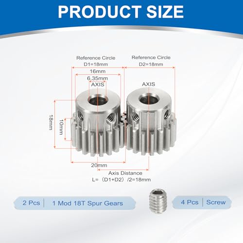 uxcell 2Pcs 1 Mod 18T Spur Gear 6.35mm Bore, 304 Stainless Steel Pinion Gear, 20°Pressure Angle, for Spur Rack and RC Model Car or Motor DIY(16mm) - size: 1 Mod 18T, 6.35mm x 16mm