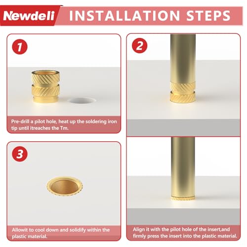 Newdeli 400pcs Threaded Inserts M2 M2.5 M3 M4 M5 M6 Heat Set Inserts Kit for Plastic and 3D Printing Components- Brass Metric Knurled Nuts Assortment Kit - size: M2 M2.5 M3 M4 M5 M6 (400 pieces)
