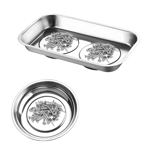 Sun Walker 2 PCS Magnetic Tray Holders, Stainless Steel Tray Set with Strong Magnet, Heavy Duty Thickened Magnetic Trays for Screws Bolts Nuts Washers Pins (9.4"×5.4" Square+4" Round) - color: 9.4"×5.4" Square+4" Round