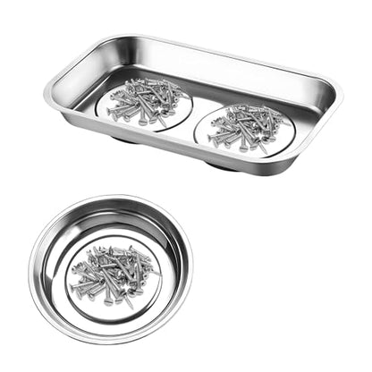 Sun Walker 2 PCS Magnetic Tray Holders, Stainless Steel Tray Set with Strong Magnet, Heavy Duty Thickened Magnetic Trays for Screws Bolts Nuts Washers Pins (9.4"×5.4" Square+4" Round) - color: 9.4"×5.4" Square+4" Round