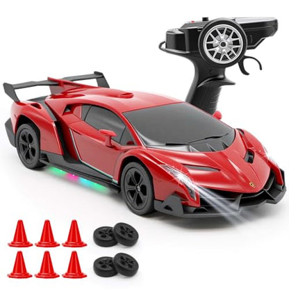 QUN XING Remote Control Car 1:24 Licensed Lamborghini 2.4G RC Drift Car red | rc car with LED Lights 2.4GHz 4WD 15KM/H Fast Speed Control Rechargeable Battery 800mah Birthday for Kids Boys 8-12 - color: Red