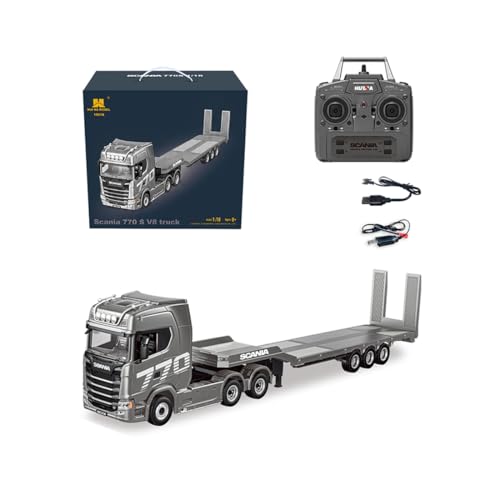 1/18 Scale 770S 6x4 RC Tractor Truck with Flatbed Trailer | Heavy Duty Semi Truck with 2.4GHz Remote Control, LED Lights, Sound Effects - color: Silver