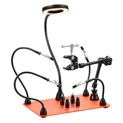 VEVOR Magnetic Helping Hands Soldering Station, Third Hand Soldering Tool with Gooseneck LED Magnifying Lamp, 4 PCB Holders & 360 Hot Air Gun Holder for Electronic Repair Craft Hobby - style: with Heat Gun Holder