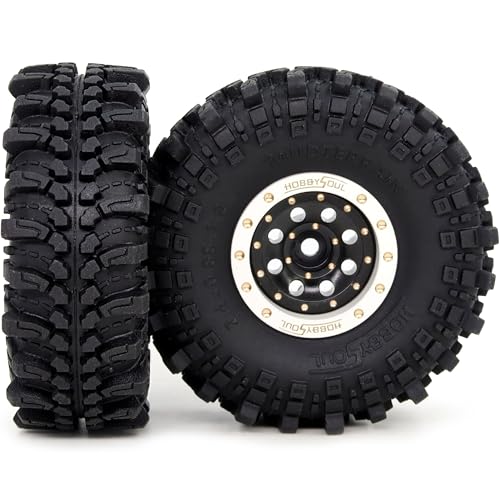 61 * 22.4mm Soft Sticky 1.0 Mud Terrain Tires Tyre & Brass 1'' beadlock Wheels Rims for RC Crawler 1/18 TRX4M 1/24 SCX24 Upgrades, HS701457 - color: White & Black