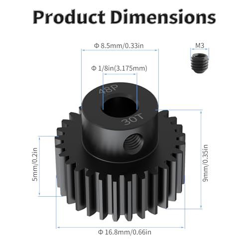 Pinion Motor Gear, 48P 30T, 1/8 in (3.175mm) Shaft Hole | 48 Pitch 30 Teeth, 1045 Hardened Carbon Steel, 1/8 Inch Shaft Hole, RC Motor Pinion Upgrade, for 1/10 RC Brushless Crawler - size: 48P 30T
