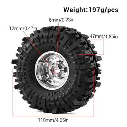 1.9" Beadlock Wheels and Tires for TRX4, SCX10, SCX10 III, 90046, D90 and 1/10 Other Popular RC Crawler Models (Silver) - color: Silver