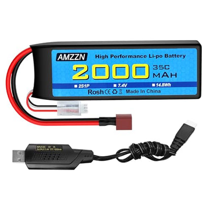 2S T Plug Lipo Battery 7.4V 2000mAh 35C with USB Charging Cable for RC Car,Truck Model Car,Remote Control Ship,RC Quadcopter Qircraft,FPV Drone Battery
