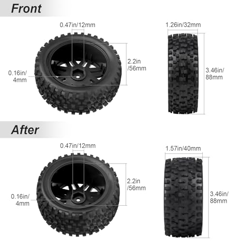 HobbyPark 12mm Hex Pre-Glued 1/10 RC Buggy Tires and Wheels Set Assembled, 3.46" (88mm) Tall for Traxxas Bandit VXL Losi Redcat Wltoys 144001 fit Brushless Motor 2S 3S Models