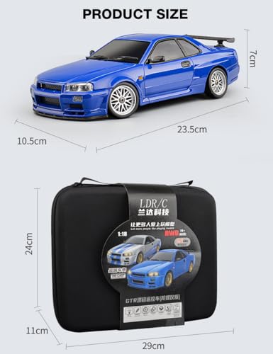 LD1899 1/18 Scale RC Drift Car, GTR R34 2.4GHz RWD Mini Model Car with Gyro, Alloy Body Shell Racing Cars for Adults Toys (Blue) - color: Blue