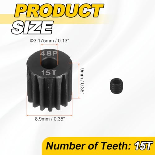 MECCANIXITY 48P Hardened Steel Pinion Gear, 15T 3.175mm Shaft Metal Motor Gear with Hex Key for RC Brushless Brush Motor Model Car Replace(Black) - size: 15T