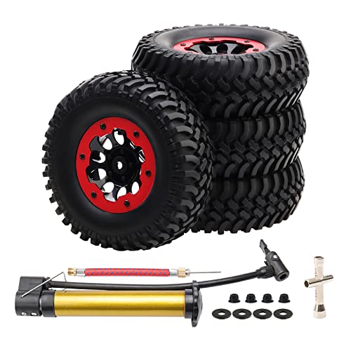 4-Pack 1.9 Inch Tires and Wheel Rims OD 100mm Off Road Rubber Tyre & Plastic 10-Holes Beadlock Rim 12mm Hex Hub for 1/10 RC Crawler Truck, Red