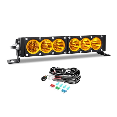 AUXTINGS 12 inch Single Row Amber LED Light Bar 60W Off Road Light Bar Flood Beam LED Work Light Truck UTV 4x4 Cars SUVs ATVs Boats Fog Driving Light with Wiring Harness kit - size: 12 inch amber