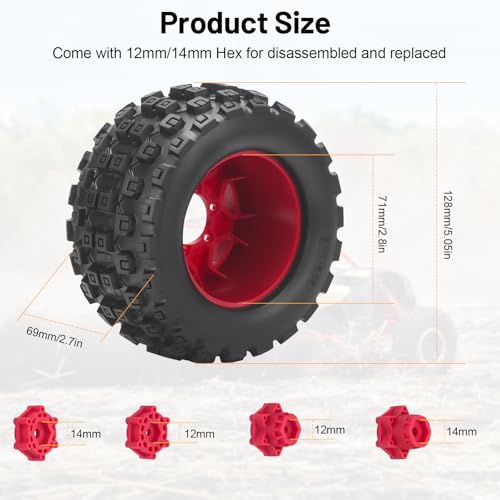 MX28 F/R 2.8" RC Car Tires with 12mm/14mm Hex Adapter RC Wheels and Tires Set 1/10 RC Truck Wheel for Arrma Big Rock Granite Traxxas Rustler Stampede VORTEKS 3S 4PCS (Style B) - Red - color: Red