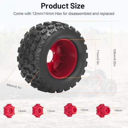 MX28 F/R 2.8" RC Car Tires with 12mm/14mm Hex Adapter RC Wheels and Tires Set 1/10 RC Truck Wheel for Arrma Big Rock Granite Traxxas Rustler Stampede VORTEKS 3S 4PCS (Style B) - Red - color: Red