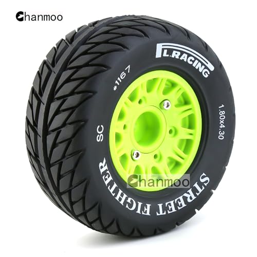 1/10 RC Short Course Truck Tires And Wheels With 12mm 14mm 17mm Hex 113mm 1/8 Rubber Tyres For 1/8 or 1/10 Scale On Road Car HSP Sonic 94102 GT PTG-2 Tamiya TT02 RC Racing Car 4PCS (Green B) - color: Green B