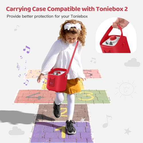 PISOSN Shockproof Carrying Case for Toniebox 2 – Anti-Slip Silicone Cover with Handle for Secure Grip (Red) - color: Red