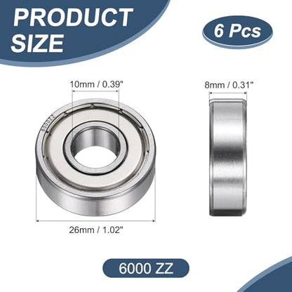 uxcell 6 Pack 6000 ZZ Deep Groove Ball Bearings, 10x26x8mm Chrome Steel Double Shield Bearing for Electric Motor, Home Appliances, Garden Machinery, (ABEC5) - size: 6000 ZZ