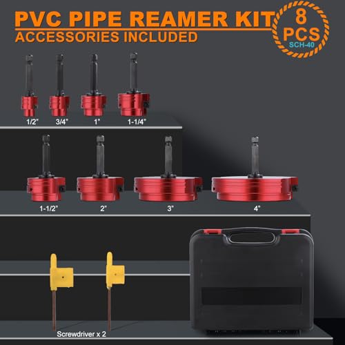 PVC Pipe Reamer Kit, 8-Piece Double-Blade PVC Fitting Saver Socket Saver Tool, 1/2" to 4" Reamer for U.S. Schedule 40 PVC, Tungsten Carbide Alloy Blades, Fits Standard 1/2" Drills