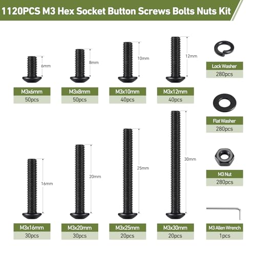 1120PCS M3 Bolt Assortment Kit, Hex Socket Button Head Screws Nuts Bolts Washer Assortment Kit 10.9 Grade Alloy Steel Black Oxide M3 x 6/8/10/12/16/20/25/30mm - size: M3 1120PCS Button Black