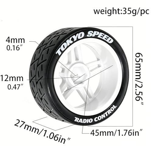 1/10 RC Rally Street Tires OD 65mm with 12mm Hex Hard Plastic Wheels for 1:10 1/12 On Road Drift Touring Car Tamiya TT01 TT02 Traxxas XV02 XV01 TA06 HPI KYOSHO PTG2 A959 4PCS (White) - color: White