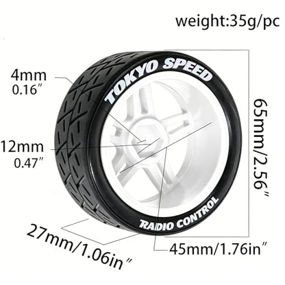 1/10 RC Rally Street Tires OD 65mm with 12mm Hex Hard Plastic Wheels for 1:10 1/12 On Road Drift Touring Car Tamiya TT01 TT02 Traxxas XV02 XV01 TA06 HPI KYOSHO PTG2 A959 4PCS (White) - color: White