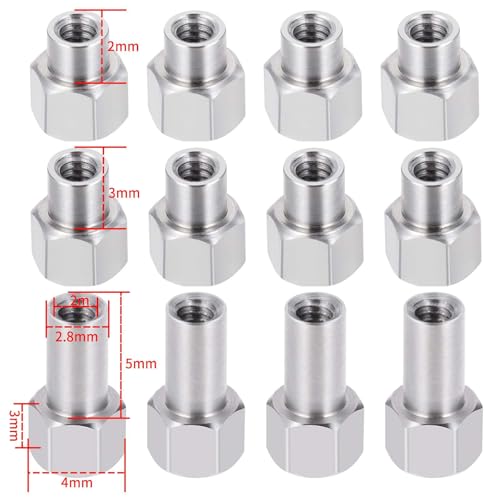8-Pack M2 Wheel Nuts, Stainless Steel, Locking Hex | 2, 3, and 5mm extension lengths, compatible with 1/24 Axial SCX24 AXI90081 and FMS RC crawler models