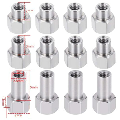 8-Pack M2 Wheel Nuts, Stainless Steel, Locking Hex | 2, 3, and 5mm extension lengths, compatible with 1/24 Axial SCX24 AXI90081 and FMS RC crawler models