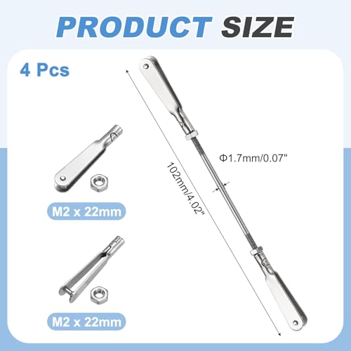 MECCANIXITY 4 Pcs Metal Clip Pushrod Connector Linkage, 304 Stainless Steel M2 Threaded Rod with Metal Clip for RC Plane Fixed Wing Aircraft DIY Models Parts, 102mm/4.02" - size: M2 x 102mm