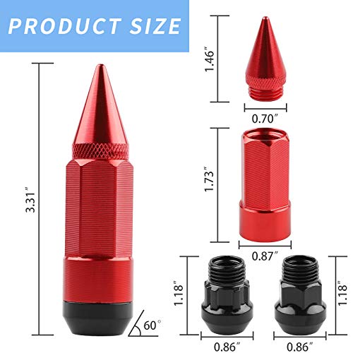 20Pcs Anti Theft Spikes Extended Tuner Wheel/Rims Lug Nuts M12X1.5+Socket (Red) - color: Red