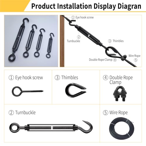 10 Pack Black Stainless Steel M5 Hook and Eye Turnbuckle, Heavy Duty Wire Rope Tensioner, Adjustable Hardware Kit for DIY String Light and Picture Hanging, Shade Sail, Cable Tightening - color: Hook and Eye, size: M5-10 Pcs
