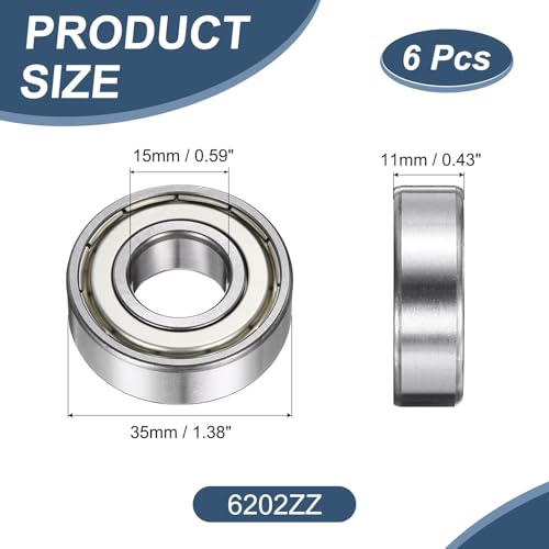 uxcell 6 Pack 6202ZZ Deep Groove Ball Bearings, 15x35x11mm Chrome Steel Double Shield Bearing for Electric Motor, Home Appliances, Garden Machinery, (ABEC5) - size: 6202ZZ