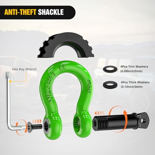 Nilight 3/4" D Ring Anti-Theft Shackle Tow Hook Jeep Truck SUV ATV UTV | Off Road Recovery Gear 19T 41,887 lbs Break Strength 4.75T WLL Rust-Resistant Anti-Rattle Isolators Heavy Duty Green 2pack - color: Green 3/4" w/Anti-Theft Shackle, size: Shackle