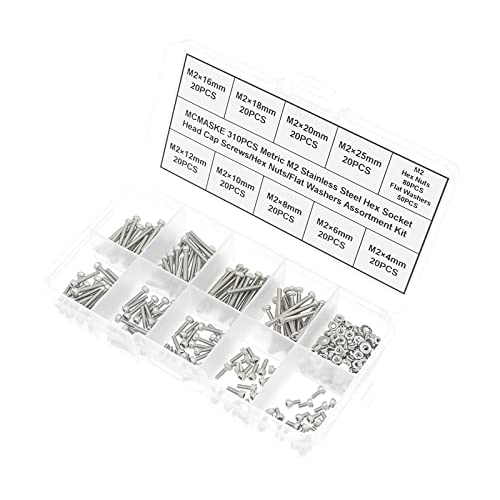 Metric M2 304 Stainless Steel Socket Head Cap Screws Hex Nuts/Flat Washers Assortment Kit - size: M2