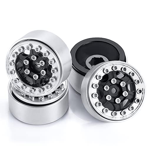 4PCS 1.0 Wheel Rims RC Metal Beadlock Wheels Rims, Black+Silver | For All 1/24 Scale Axial SCX24, RC Crawler Car, Upgrade Parts - color: Black+silver