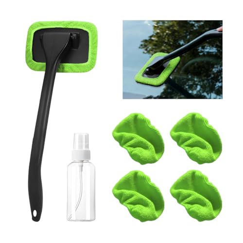 Car Windshield Cleaning Tool, Microfiber Vehicle Window Cleaner with 5 Washable Reusable Cloth Pad & 1 Spray Bottle, Automotive Glass Wiper Cleaning Kit Accessories, Universal Fit (Green) - color: Green