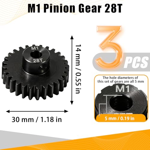 M1 Gear 28T 5mm Bore 3-Pack – High-Precision Hardened Steel Motor Pinion Gear for 1/8 1/10 RC Crawler, Monster Truck, Short Course Truck & Boat (Compatible with Traxxas Axial, FMS, HSP Redcat Losi) - style: M1 3Pcs 28T