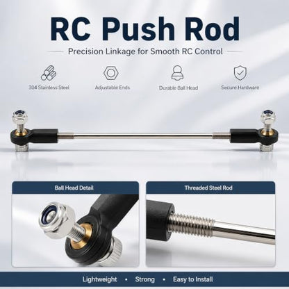 2 Pcs RC Toy Push Rod, M2x250mm Tie Rods Black Ball Head Joint | 270-280mm Adjustable, 304 Servo Linkage Link Rods, Double Plastic Ball Head, for RC Cars, Planes, Helicopters, DIY Models - color: M2×250mm Rod