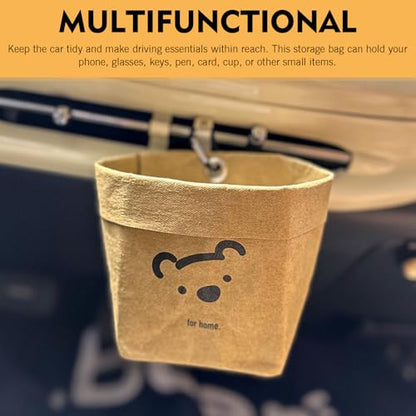 Car Storage Bag, 3.94" x 5.12" Washable Reusable Cute Bear Kraft Paper Car Organizer, Foldable Air Vent Mounted Trash Can, Back Seat Hanging Storage Box for Sunglasses Phone Card Key (Brown)