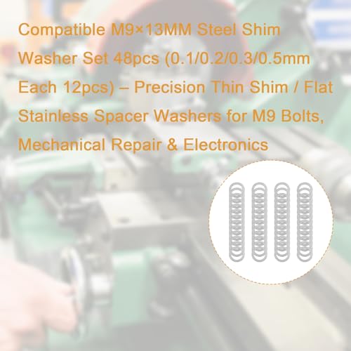 48 Pcs M9x13mm Steel Thin Washer Assortment for M9 Bolt Spacing Repair | 0.1 0.2 0.3 0.5mm Thickness, 12pcs Each Size, Stainless Flat Spacers, Mechanical Repair, Electronics Assembly - size: M9X13